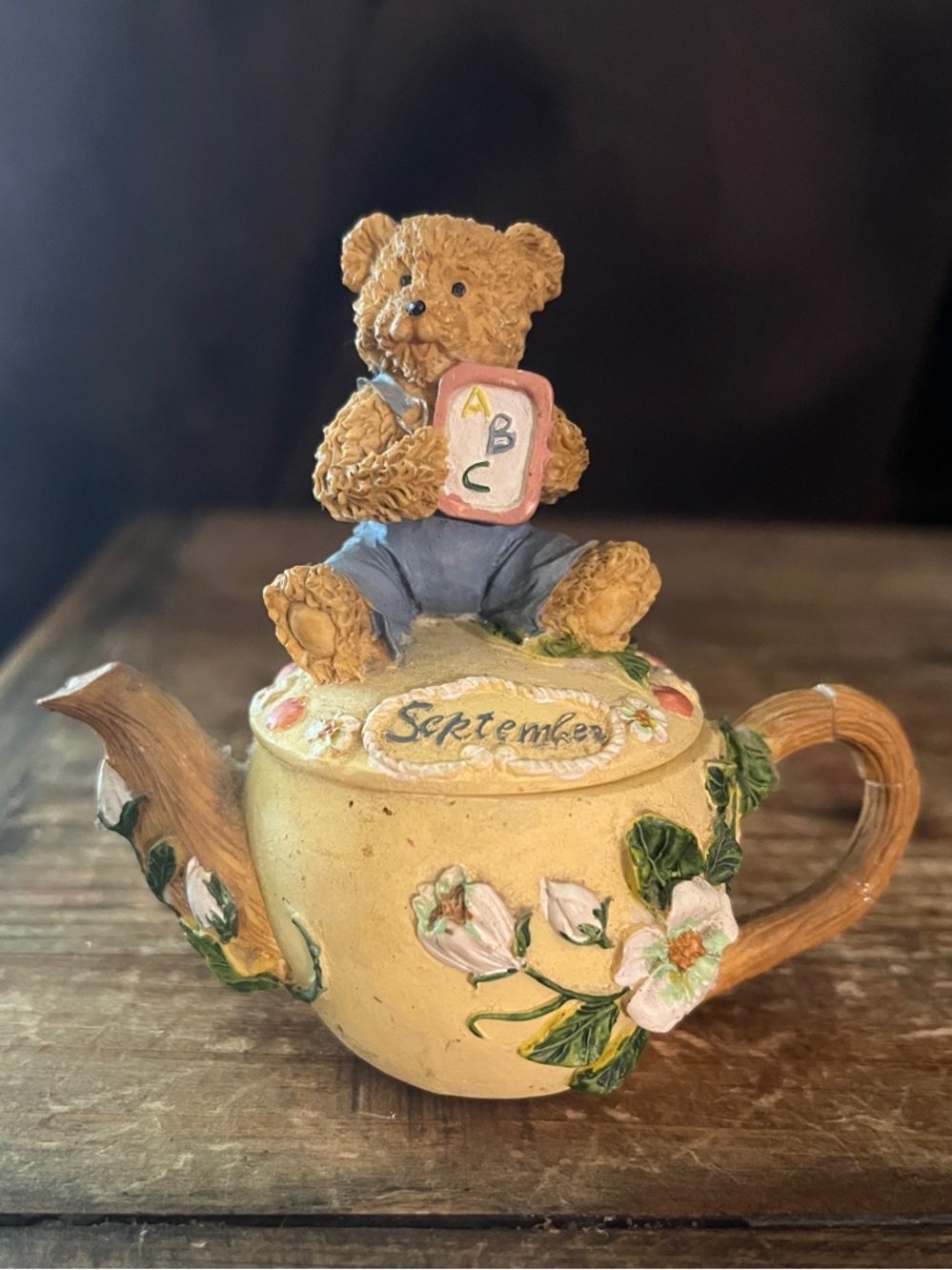 September Teapot Trinket Box Teddy Bear - Yellow Floral Accent
